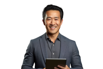 asian businessman with tablet isolated on transparent background. Generative Ai