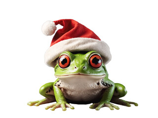 Fototapeta premium frog in Santa hat isolated on transparent background. Generative Ai