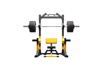 Workout weight bench with dumbbells isolated on transparent background. Generative Ai