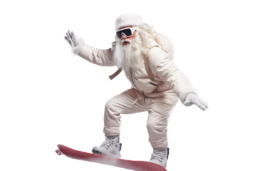 Santa Claus on a snowboard isolated on transparent background. Generative Ai