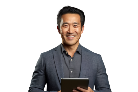 asian businessman with tablet isolated on transparent background. Generative Ai - Powered by Adobe