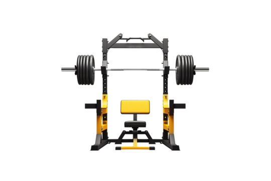 Workout weight bench with dumbbells isolated on transparent background. Generative Ai