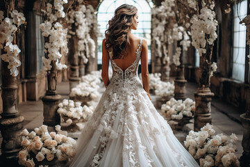 Beautiful bride in wedding luxury dress with lace and flowers. Brunette young woman wears bridal white dress. Back view - Powered by Adobe