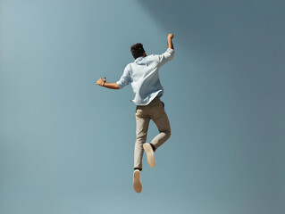 Fototapeta na wymiar Back view photo of jumping happy man minimalism. High-resolution