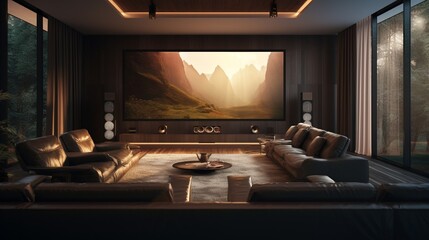 A modern media room with a projector screen, comfortable seating, and integrated surround sound.
