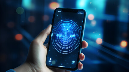 Padlocking the Future: Digital Fingerprint on Dark Background,phone in the hands of the person
