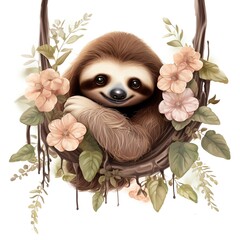 Snuggly Sloth with Hanging Vines and Flowers Clipart 