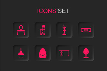 Set Pouf, Furniture nightstand with lamp, Dressing table, Office desk, TV, Armchair, Coat and Lamp hanging icon. Vector