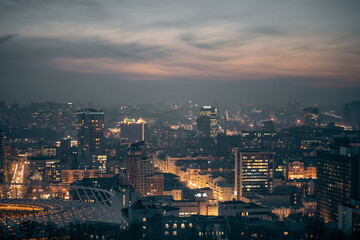 beautiful night city urban view of light illuminated capital Kiev, Kyiv, Ukraine