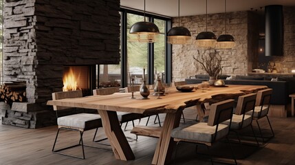 A modern rustic dining area with a live-edge table, pendant lighting, and natural wood finishes.