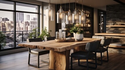 Fototapeta na wymiar A modern rustic dining area with a live-edge table, pendant lighting, and natural wood finishes.