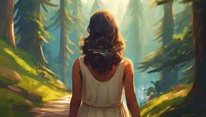 Back view of a woman walking in the forest art illustration