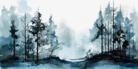 Misty nature landscape, Watercolor. Forest Trees in fog. Foggy morning in autumn forest