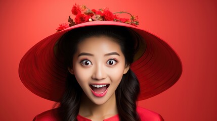 Portrait of smiling vogue Asian girl with Chinese traditional clothing, solid red background