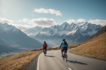 Fototapeta premium Two cyclists on bicycles ride on the asphalt road in the middle of high mountains covered with white snow. Nature, travel, outdoor activities, winter, sports concepts