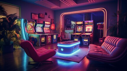 A retro-themed entertainment room featuring a vintage jukebox, neon signs, and a classic bar.