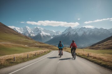 Two cyclists on bicycles ride on the asphalt road in the middle of high mountains covered with white snow. Nature, travel, outdoor activities, winter, sports concepts