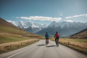 Two cyclists on bicycles ride on the asphalt road in the middle of high mountains covered with white snow. Nature, travel, outdoor activities, winter, sports concepts