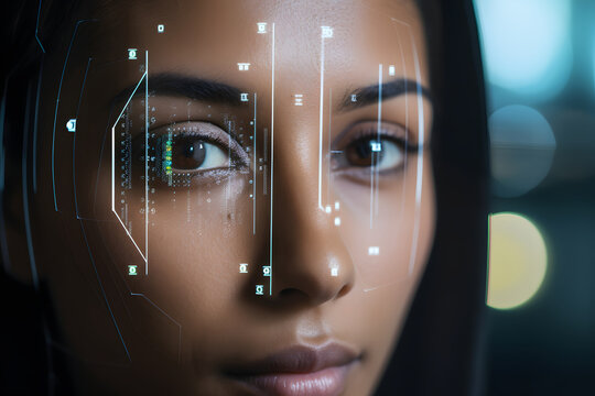 Recognition of facial features by a computer system, illustration for computer vision and facial recognition technology