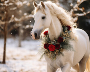 Beautiful White Horse Portrait Outdoors in a Snowy Field With a Holiday Red and Green Christmas Wreath Around Neck 