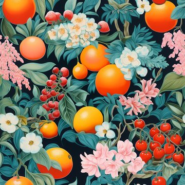 a_painting_showing_oranges_raspberries_apricots_and_flowers