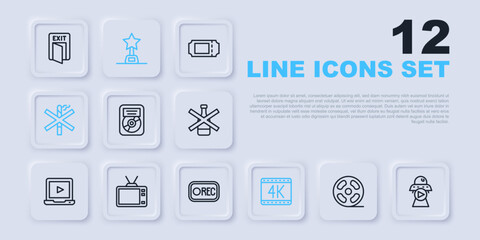 Set line Film reel, Science fiction, CD disk award in frame, 4k movie, No smoking, Retro tv, Movie trophy and Record button icon. Vector