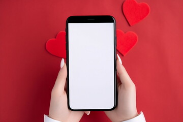 woman hand hold white blank screen mobile on valentines day concept background