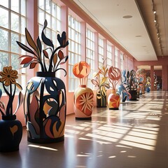 exhibit of colorful vases on display in an art museum lined up near a window, in a corridor, generative ai