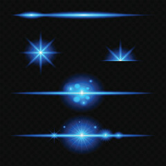 Set of Shine glowing stars. Vector Blue Sparks isolated.