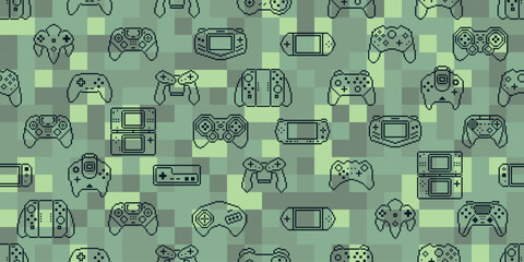 Video game controller background Gadgets and devices seamless pattern vector Pixel Art style - obrazy, fototapety, plakaty
