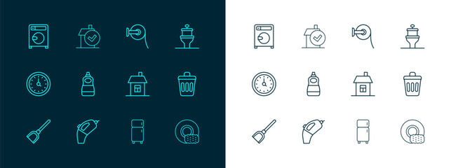 Set line Toilet bowl, Portable vacuum cleaner, House, Refrigerator, Dishwashing liquid bottle, paper roll, Washer and Home cleaning service icon. Vector