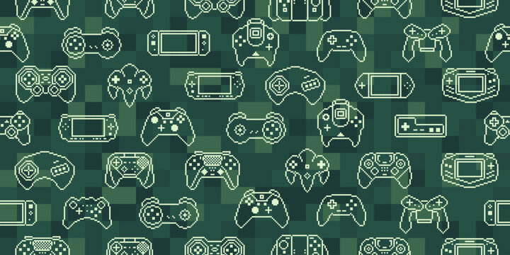 Video game controller background Gadgets and devices seamless pattern vector Pixel Art style