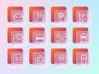 Set line Black cat, Pumpkin, Crossed bones, Skull, Boo speech bubble, Owl bird, Vampire and icon. Vector