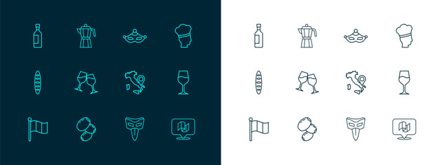 Set line Italian cook, Olives, Map of Italy, Carnival mask, Wine glass, Bottle wine and Coffee maker moca pot icon. Vector
