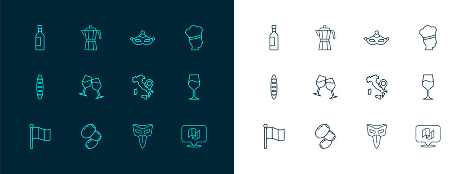Set line Italian cook, Olives, Map of Italy, Carnival mask, Wine glass, Bottle wine and Coffee maker moca pot icon. Vector