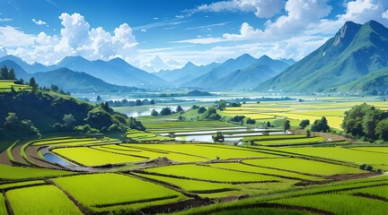 アニメ背景_青空と田んぼの風景_002