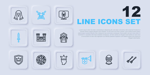 Set line Medieval helmet, arrows, Castle, Trumpet with flag, sword, Round wooden shield, Skull and King crown icon. Vector