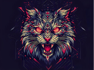 Maine Coon - Red Glowing Eyes. The cat has a fierce expression with its mouth open and teeth bared. The image has a contrast between the black background and the shades of pink, purple, and blue.