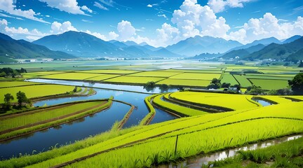 アニメ背景_青空と田んぼの風景_001