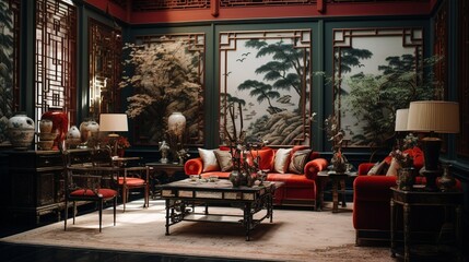 A traditional Chinese-inspired living room with lacquered furniture, silk textiles, and ornate decor.