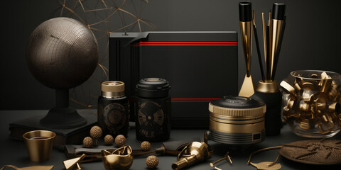 Geometrische Elemente als Hintergrundmotiv in Gold und schwarz für Webdesign im Querformat für Banner, ai generativ