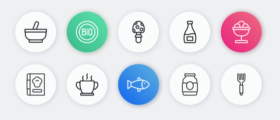 Set line Fish, Ice cream in the bowl, Cookbook, Jam jar, Sauce bottle, Fly agaric mushroom, Fork and Bowl of hot soup icon. Vector