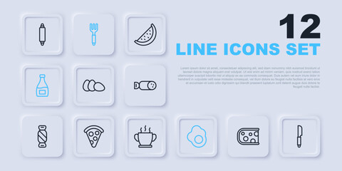 Set line Cheese, Knife, Chicken egg, Scrambled, Sauce bottle, Slice of pizza, Fork and Bowl hot soup icon. Vector