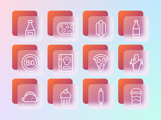 Set line Bottle of wine, Muffin, Slice pizza, Rolling pin, Cookbook, Hotdog, Sauce bottle and Cheese icon. Vector