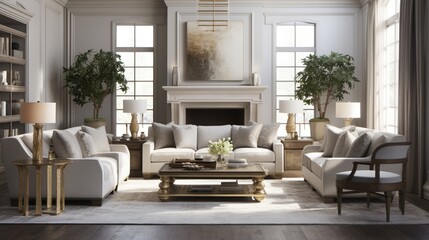 A transitional-style living room with comfortable seating, layered textures, and subtle metallic accents.