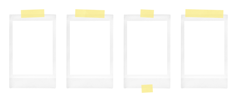 realistic instant camera photo templates, polaroid, photo frames with adhesive tape strips on transparent background, isolated, extracted, png file - Powered by Adobe