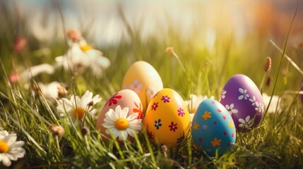 Fototapeta na wymiar Colorful Easter Eggs Hidden in a Meadow