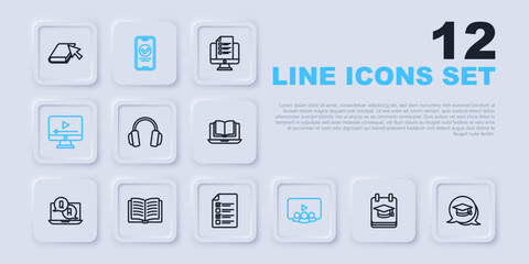 Set line Online education, Graduation cap speech bubble, Headphones, class, play video, Open book, quiz, test, survey and icon. Vector