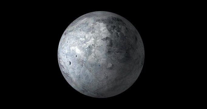 4k animation of spinning dwarf planet of the solar system Eris on black background. Rotating Eris isolated on black background. Animation of planet Eris. 4K Loop footage.