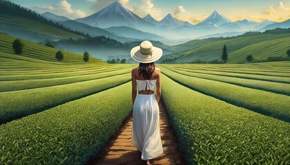 Full length portrait back view of a woman walking on a green tea field at summer art illustration
